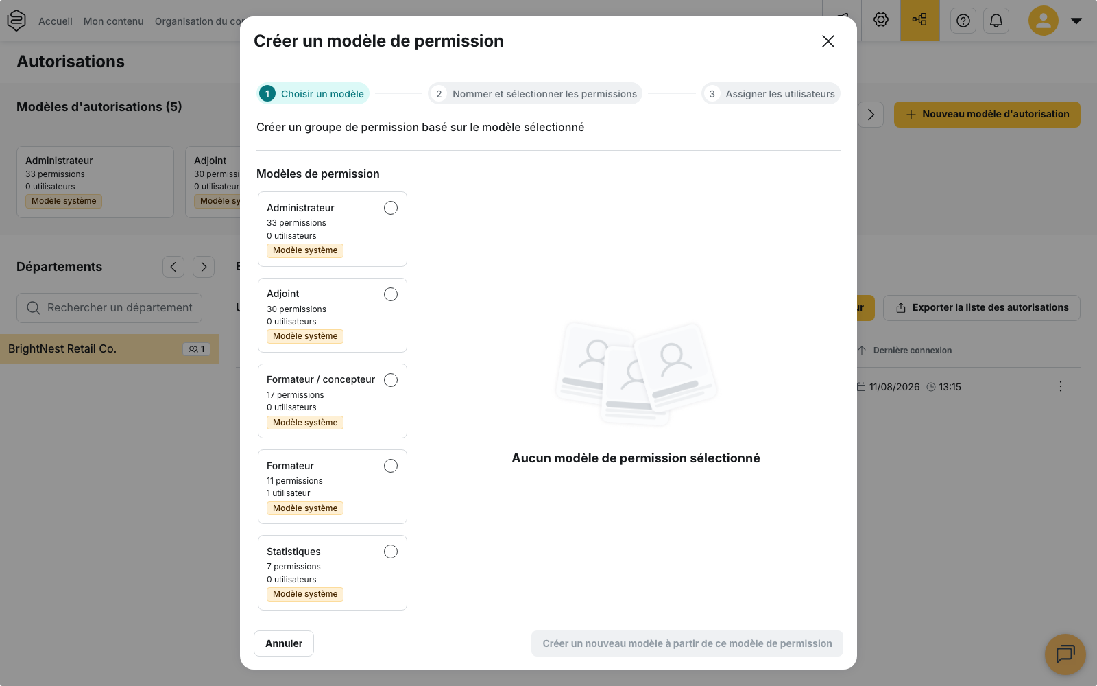 Modale Créer un modèle de permission, étape 1 Choisir un modèle : la liste des Modèles de permission sert de point de départ, avant le bouton « Créer un nouveau modèle à partir de ce modèle de permission »