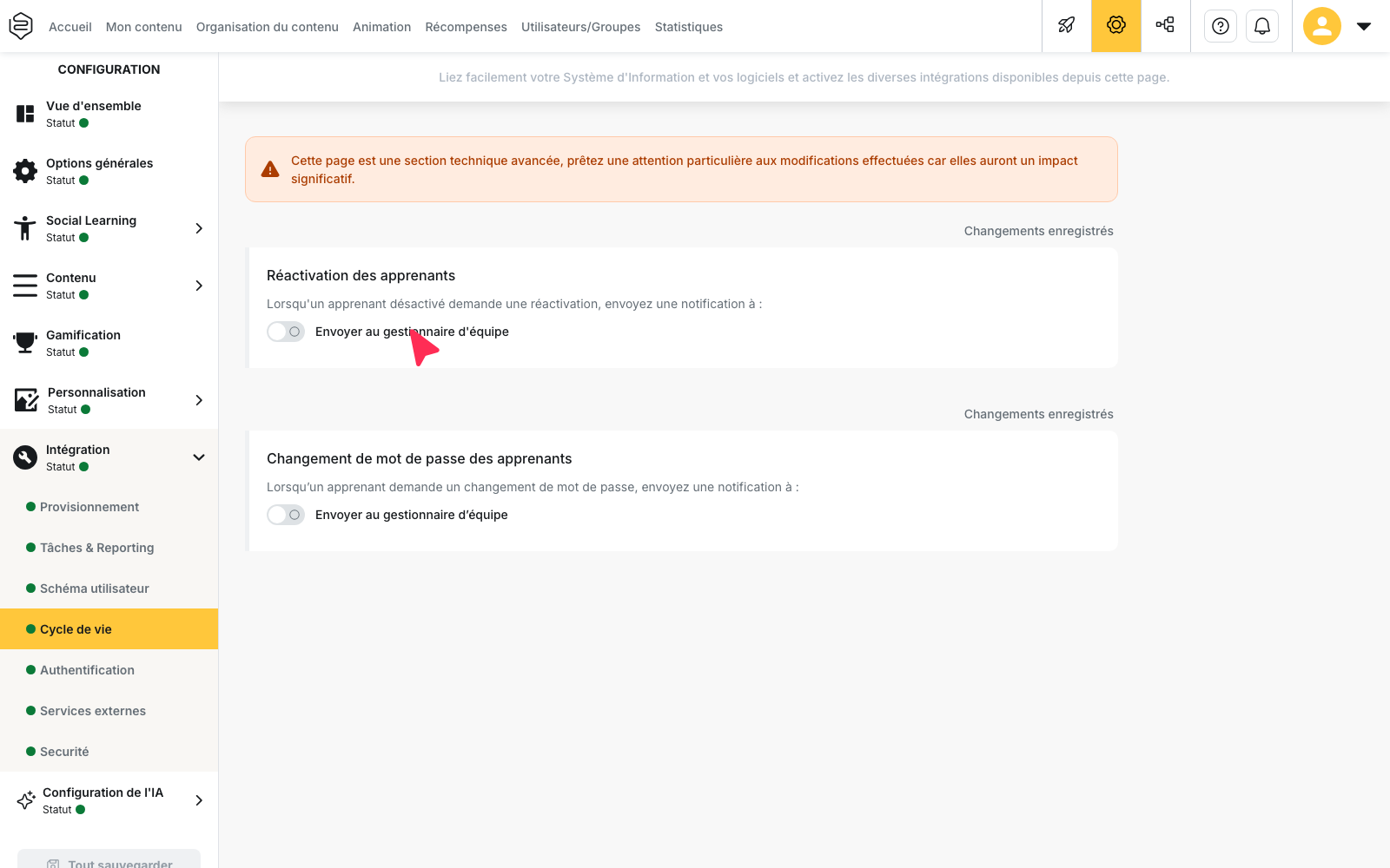 Configuration › Intégration › Cycle de vie : le bloc « Réactivation des apprenants » et l’option « Envoyer au gestionnaire d’équipe »