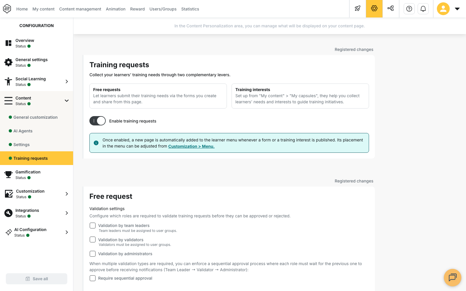 Configuration › Content › Training requests: the activation switch, the Free request block and the list of forms