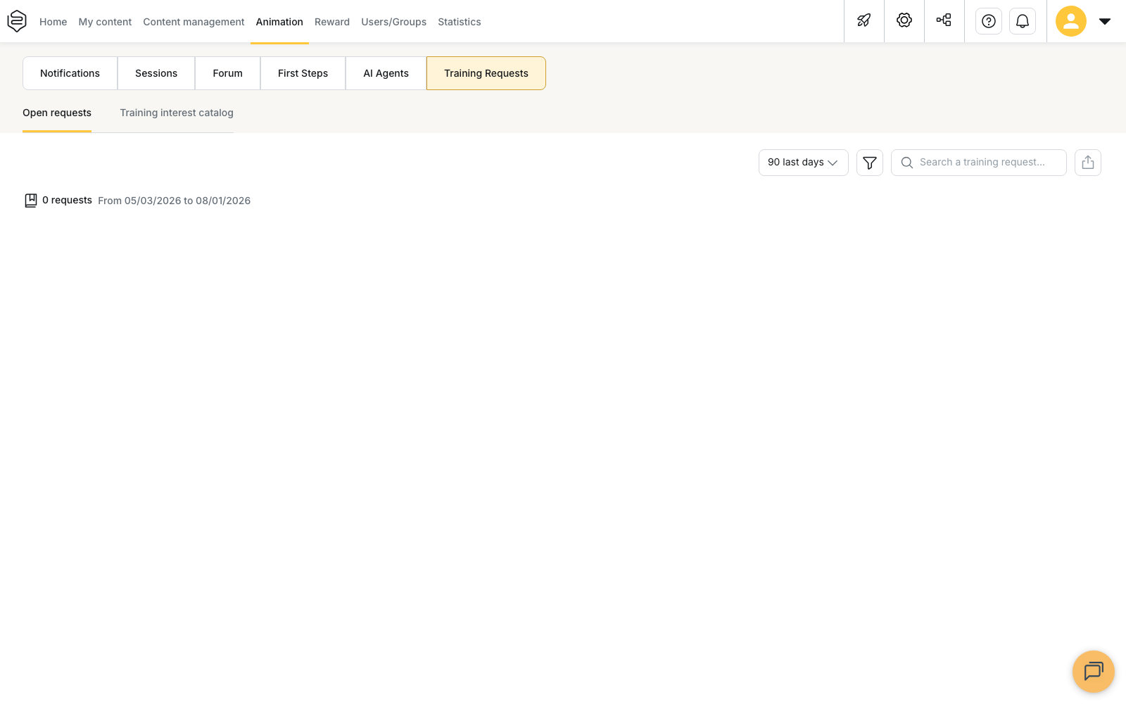 Animation › Training Requests, with its two sub-tabs, Open requests and Training interest catalog