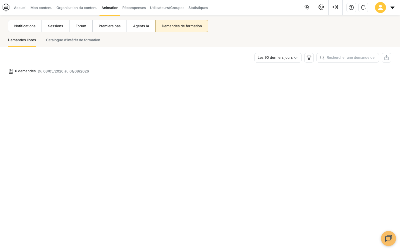 Animation › Demandes de formation, avec ses deux sous-onglets « Demandes libres » et « Catalogue d’intérêt de formation »