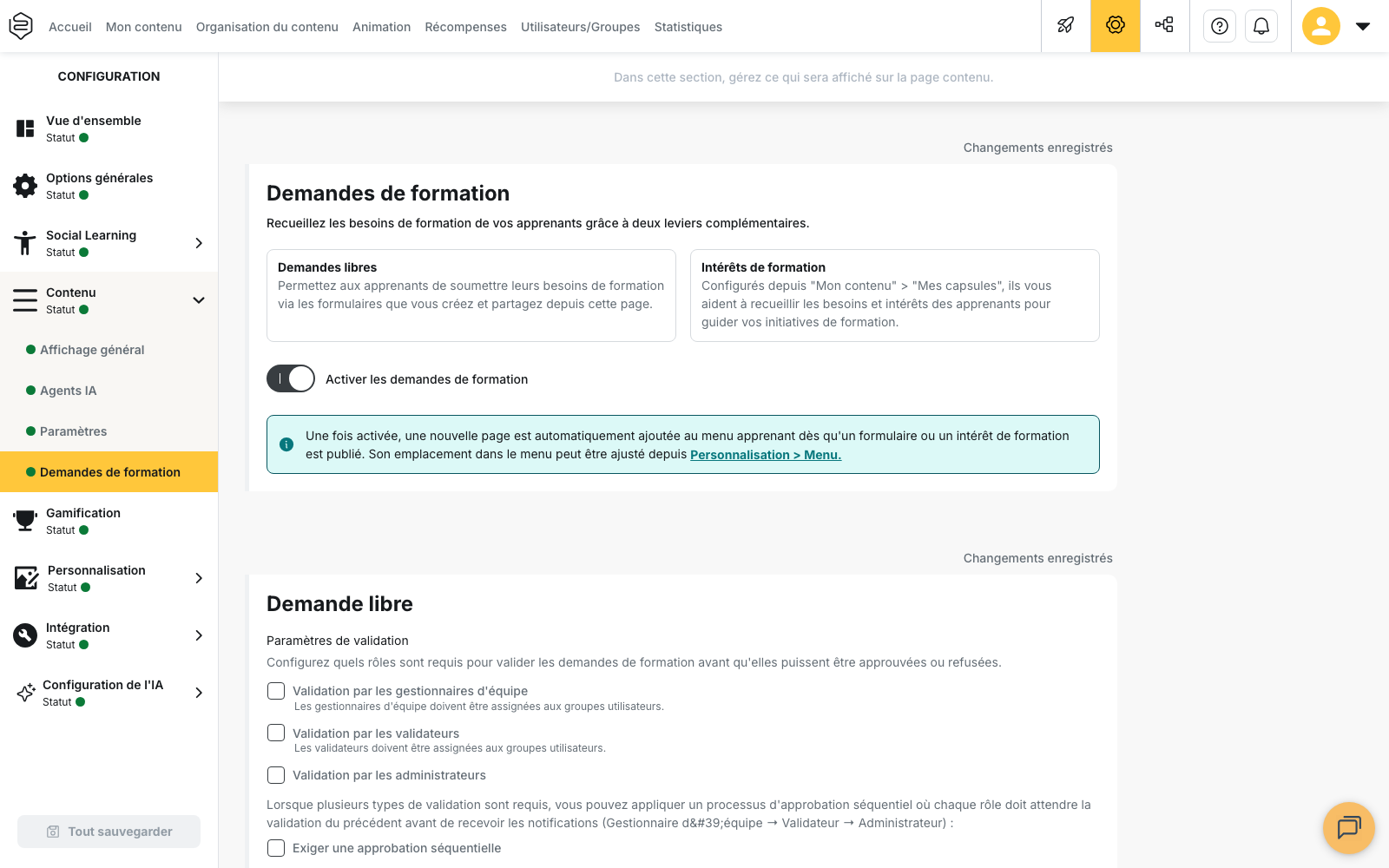 Configuration → Content → Training requests: “Enable training requests” toggle and “Approval settings” in the “Open request” section