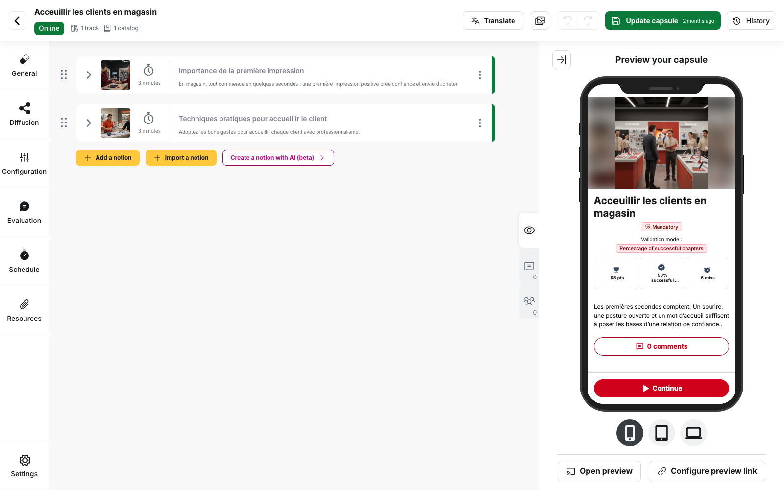 Capsule editor, header bar: the status tag on the left and the "Update capsule" button on the right