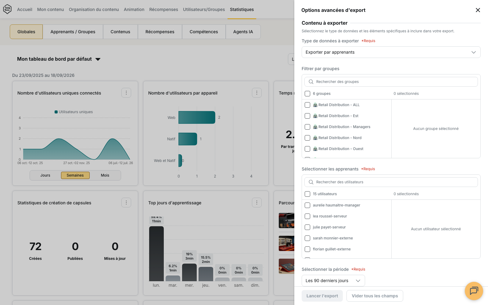 Statistiques › Globales : le panneau « Options avancées d’export » ouvert sur « Exporter par apprenants », avec les sections « Filtrer par groupes », « Sélectionner les apprenants » et « Sélectionner la période »