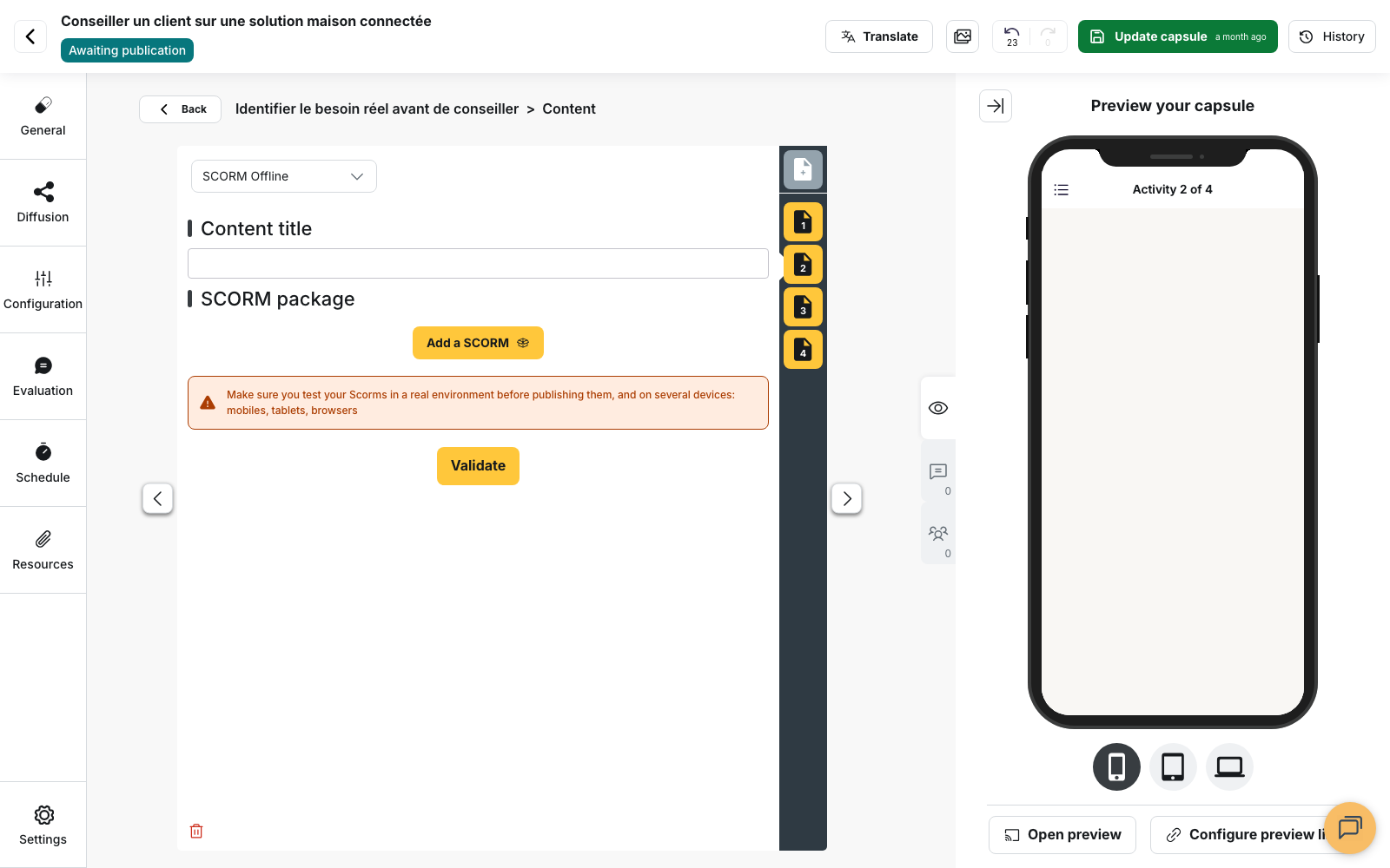 A SCORM Offline card, with the Content title field and the SCORM package block holding the Add a SCORM button