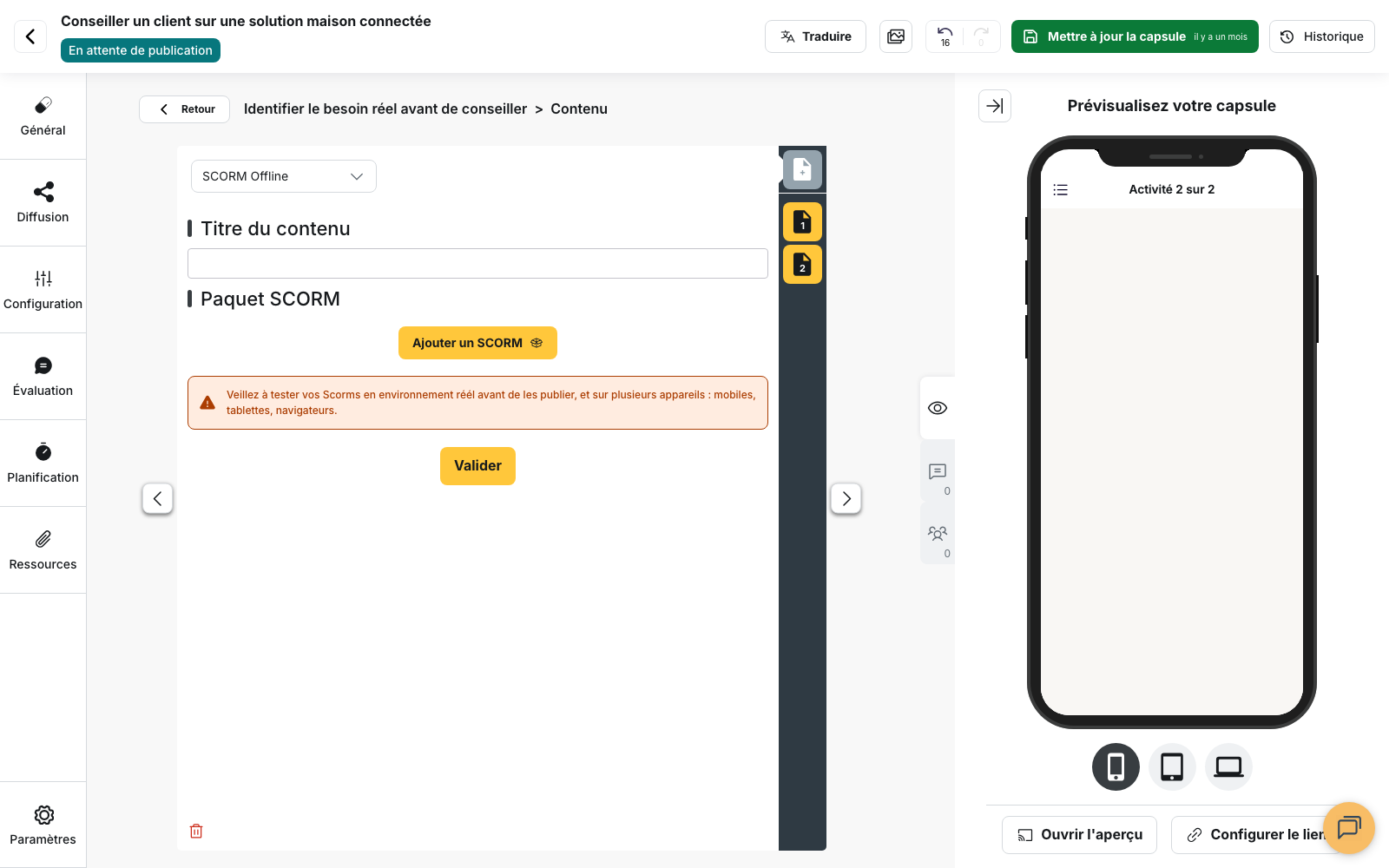 Fiche SCORM Offline ouverte, avec le champ Titre du contenu et le bloc Paquet SCORM contenant le bouton Ajouter un SCORM