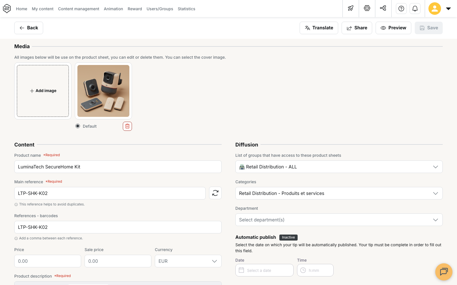 A product sheet open in the editor, with the Media, Content and Diffusion blocks