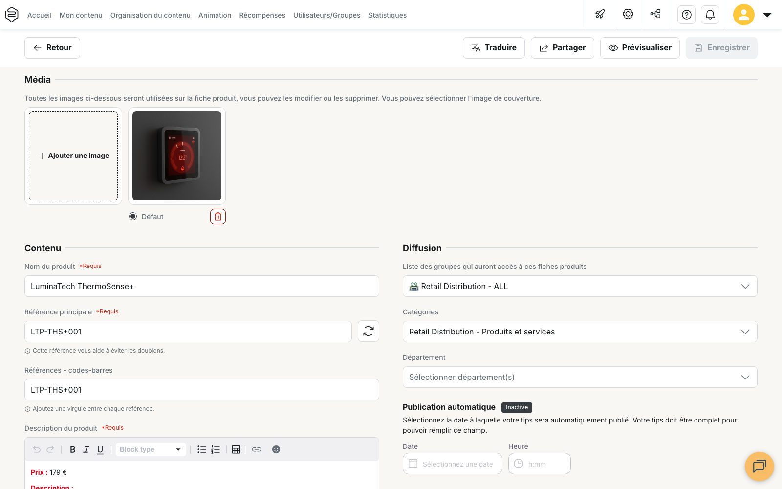 Mon contenu > Fiches produits : l’éditeur d’une fiche, avec les blocs Média, Contenu et Diffusion