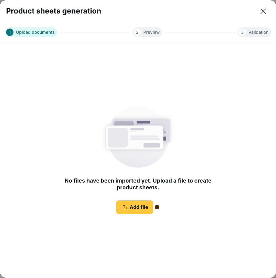 My content > Product sheets: the product sheet generation window, on its document import step