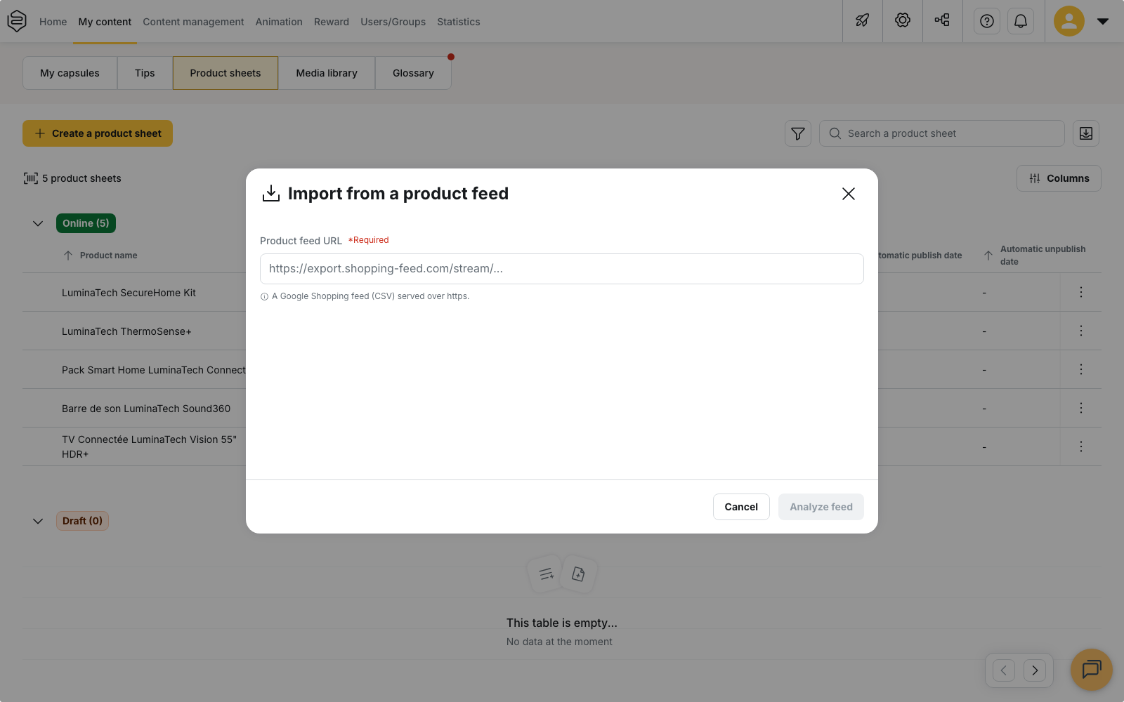 The "Import from a product feed" window, with the Product feed URL field