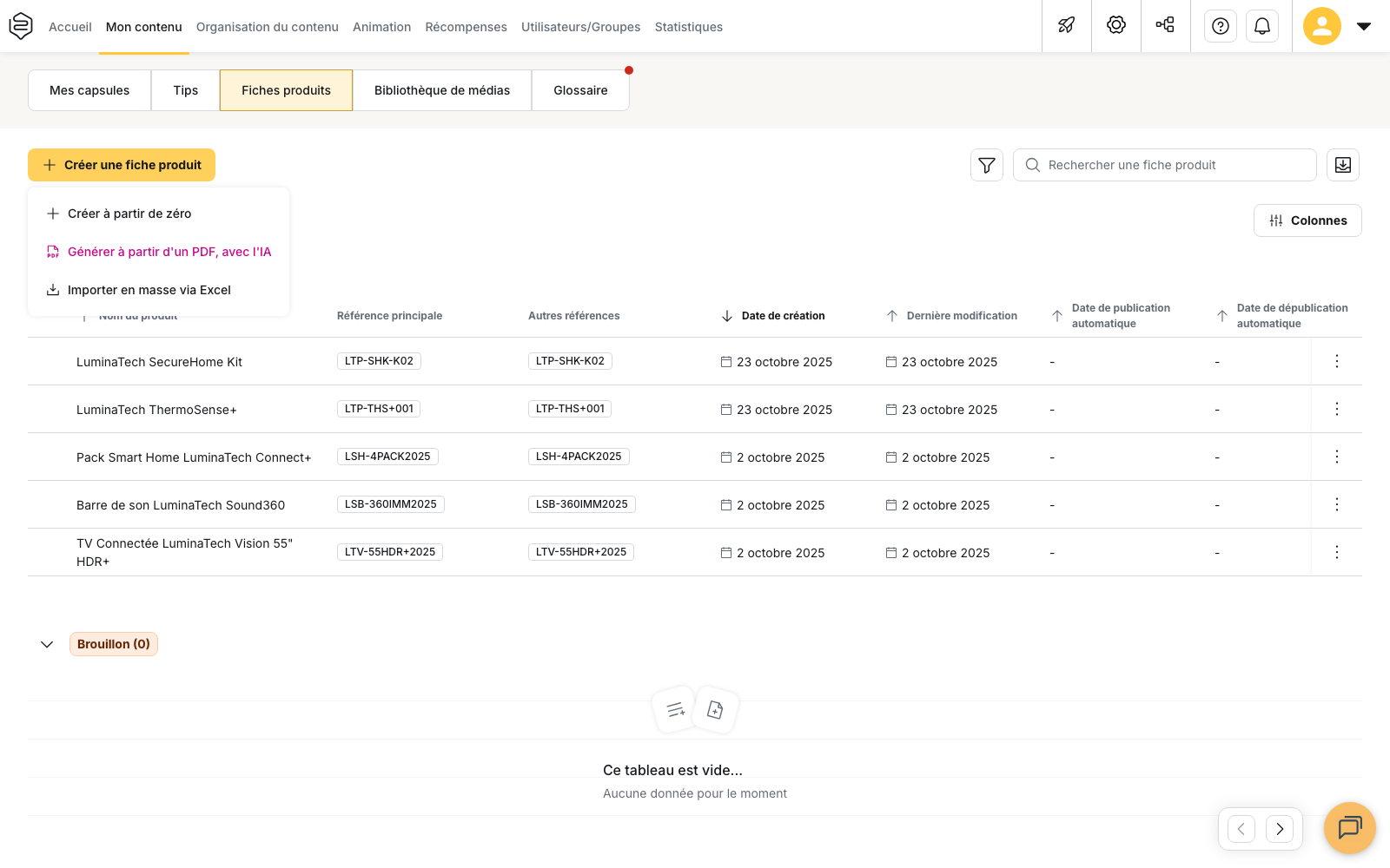 Mon contenu > Fiches produits : le bouton « Créer une fiche produit » ouvert sur ses trois entrées