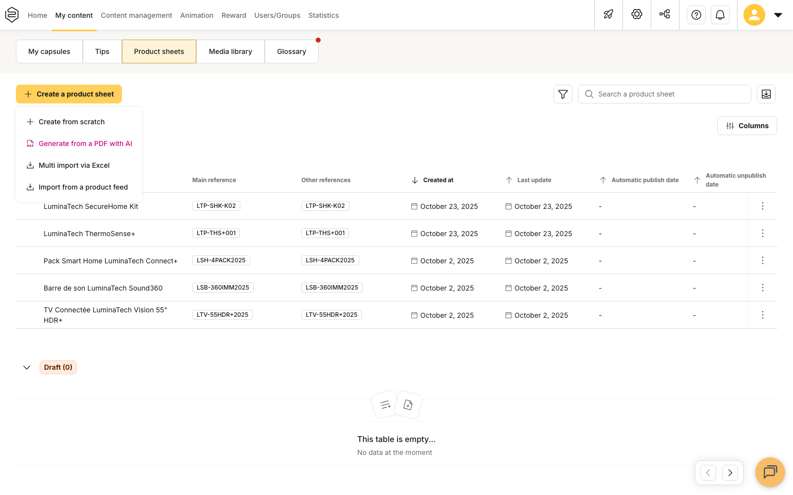 My content > Product sheets: the "Create a product sheet" menu open on its four entries