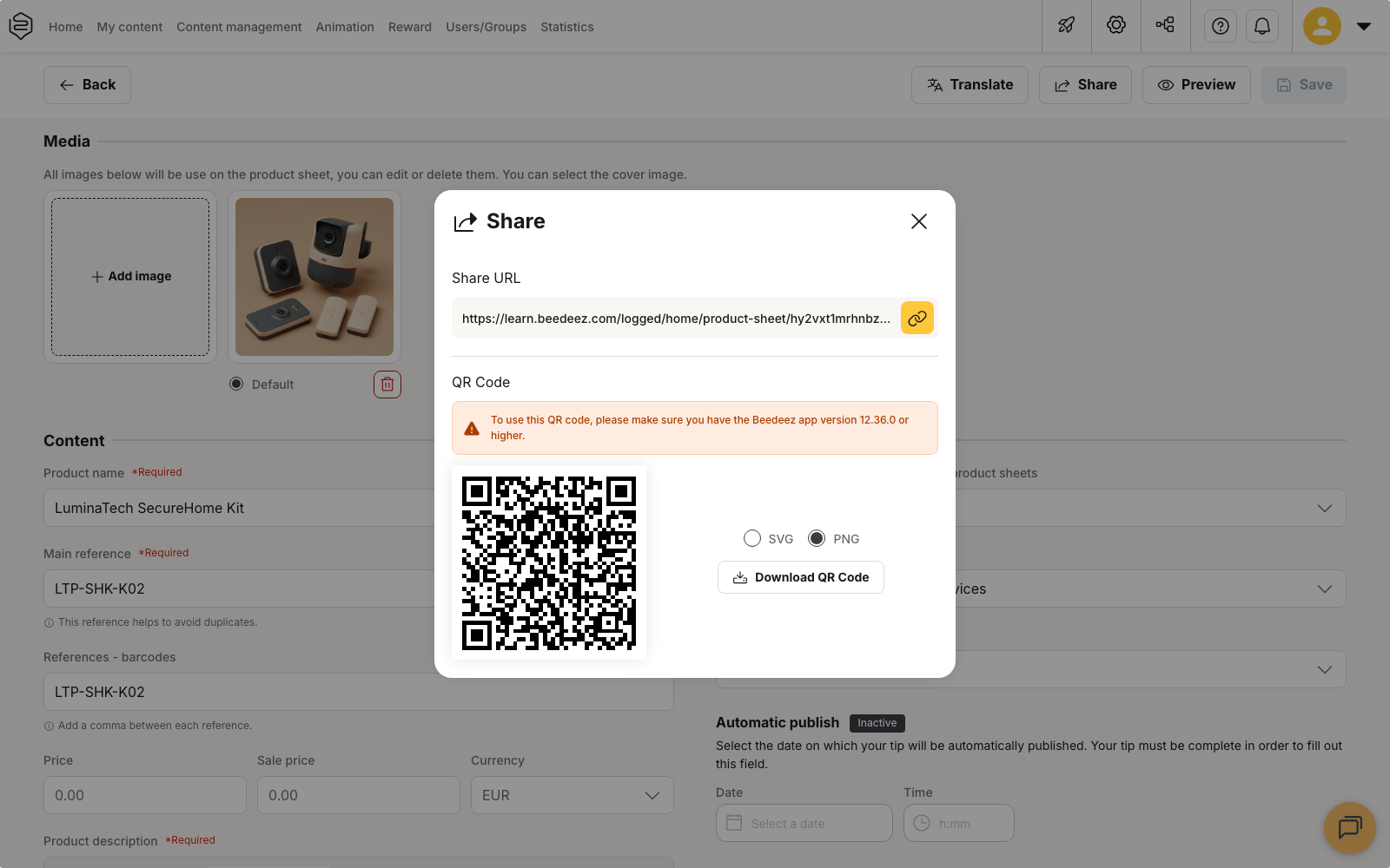 The Share window of a product sheet, with the share URL and the QR code