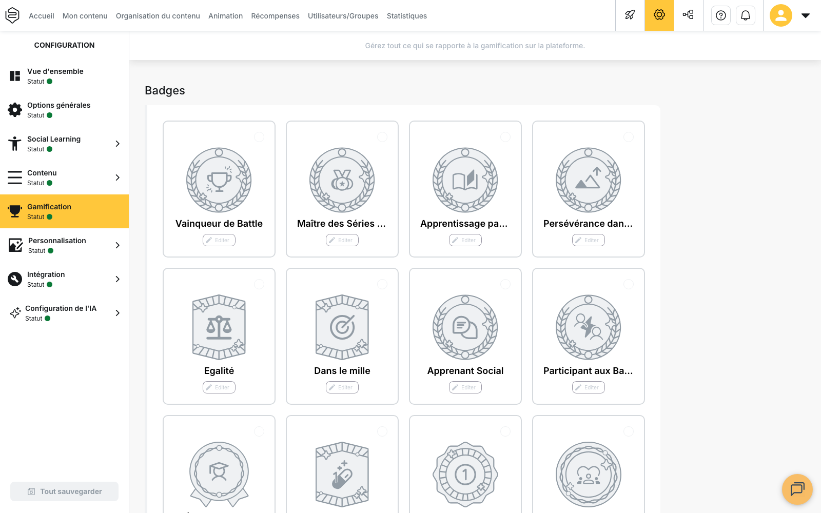 Configuration › Gamification, la grille des badges avec une carte par type de règle