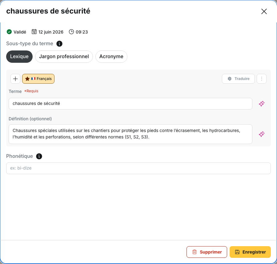 Mon contenu › Glossaire : la fiche d’un terme validé, son Sous-type du terme, sa Définition et le champ Phonétique