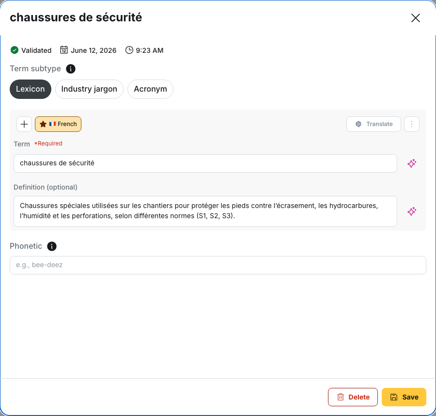 My content › Glossary: a validated term's record, its Term subtype, its Definition and the Phonetic field