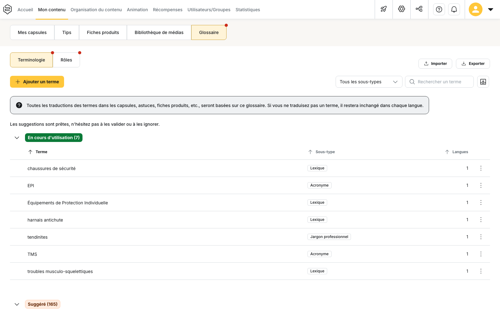 Mon contenu › Glossaire › Terminologie : les deux groupes « En cours d’utilisation » et « Suggéré », et la colonne Sous-type