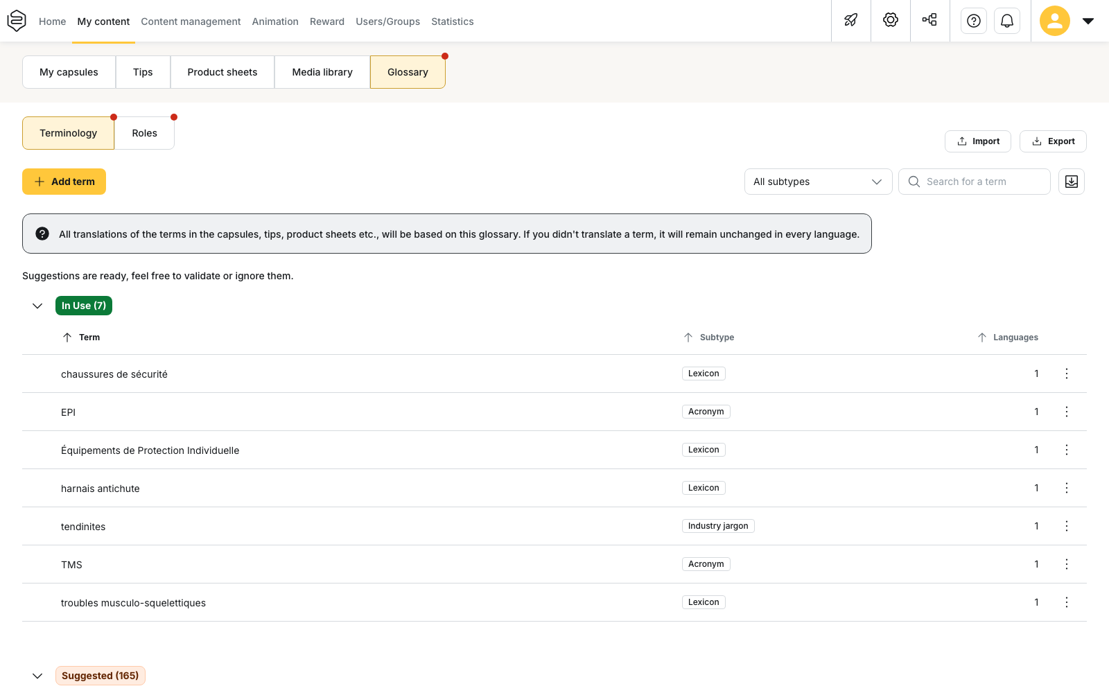My content › Glossary › Terminology: the two groups "In Use" and "Suggested", and the Subtype column