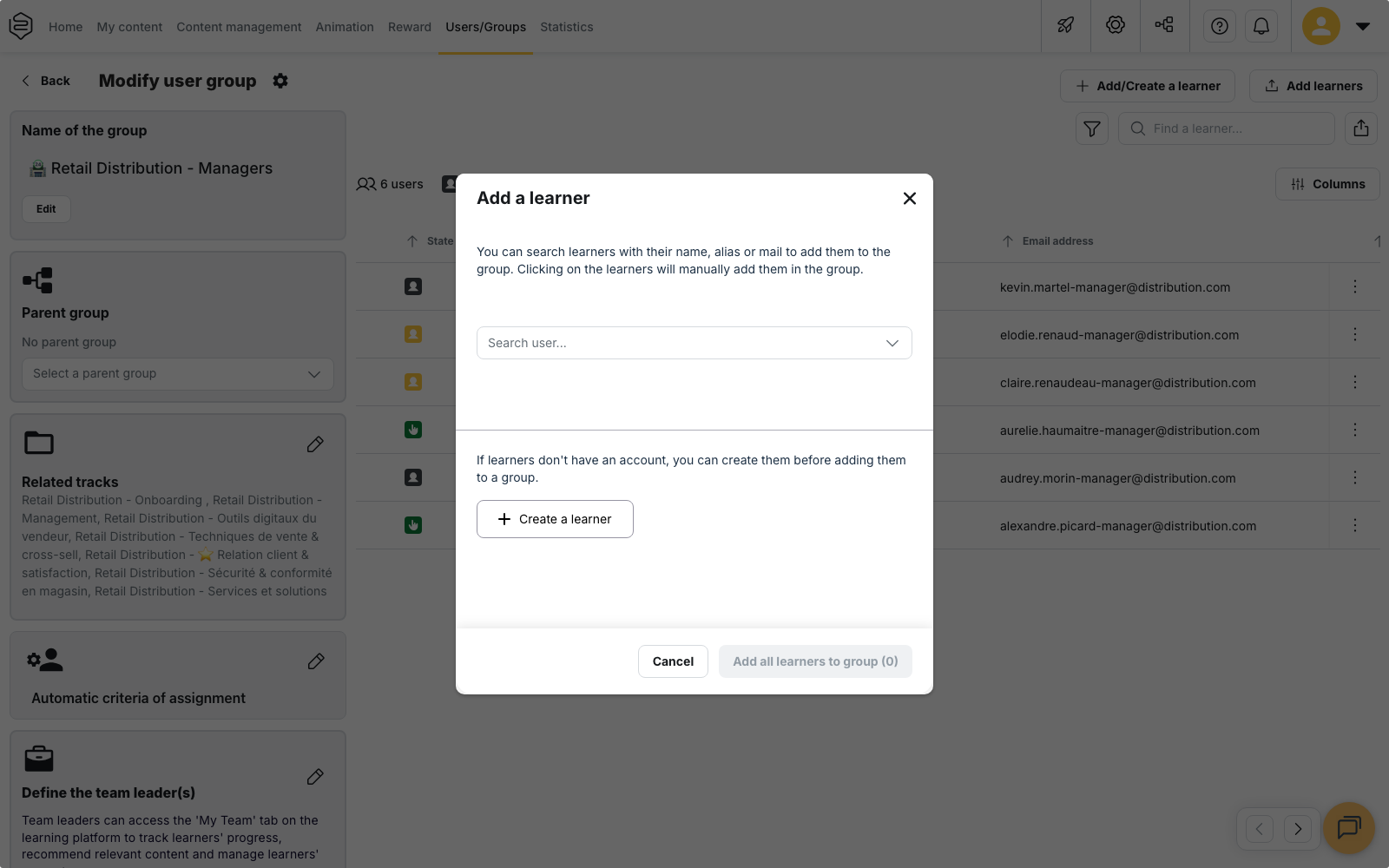 Users › Groups › group edit view, with the Add/Create a learner and Add learners buttons