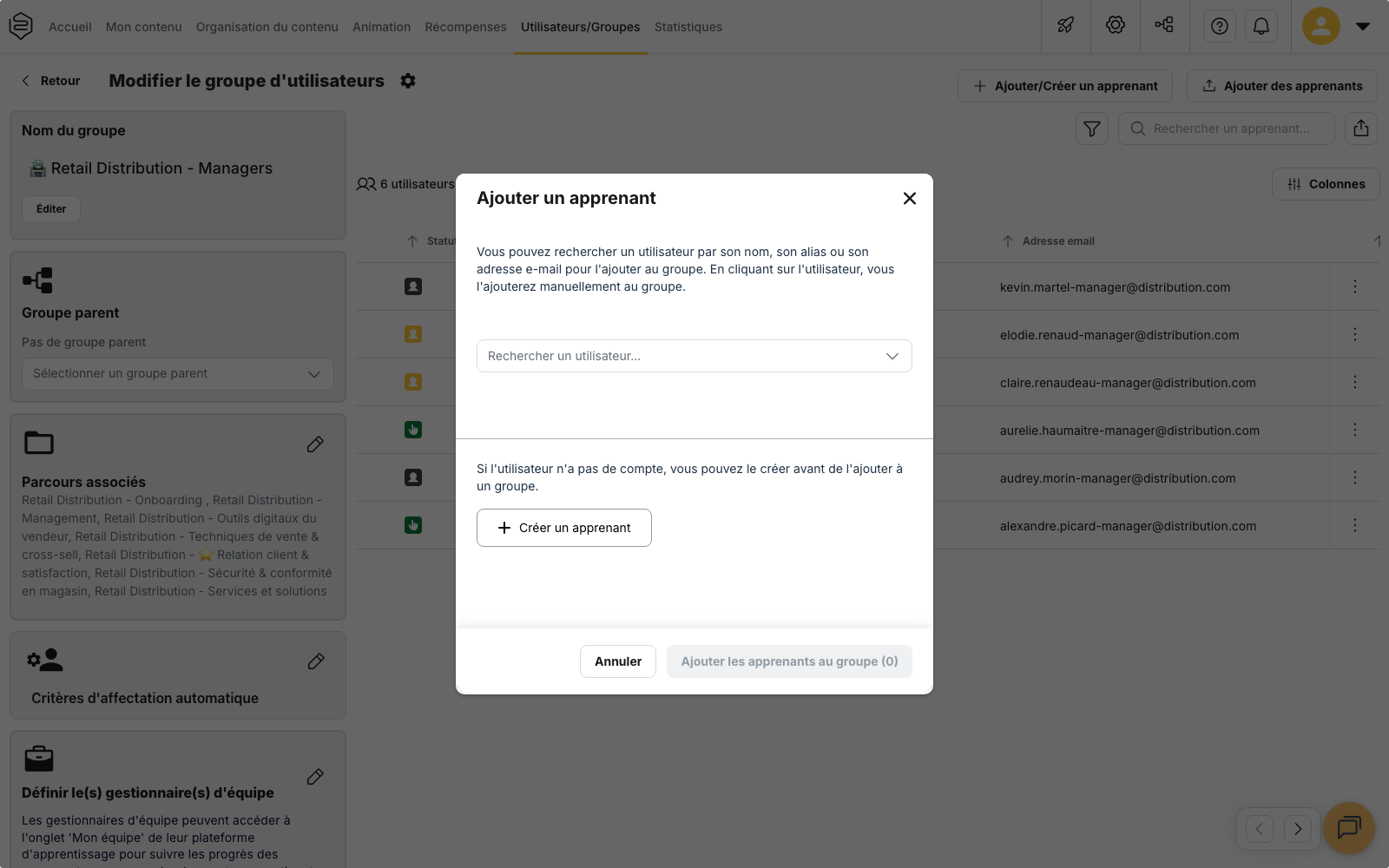 Utilisateurs › Groupes › édition d’un groupe, avec les boutons « Ajouter/Créer un apprenant » et « Ajouter des apprenants »