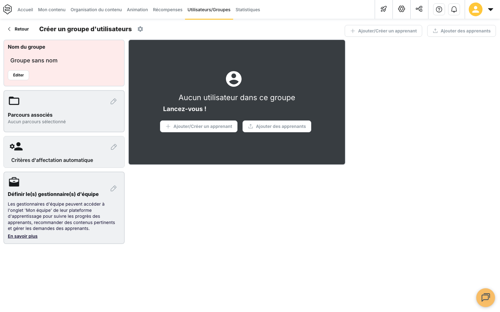 L’écran « Créer un groupe d’utilisateurs », avec le nom par défaut « Groupe sans nom » et le bouton « Éditer »