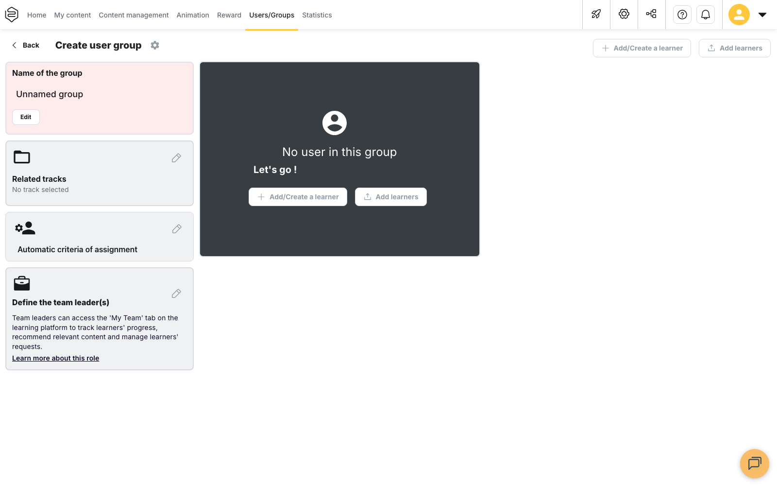 The "Create user group" screen, with the default name "Unnamed group" and the "Edit" button