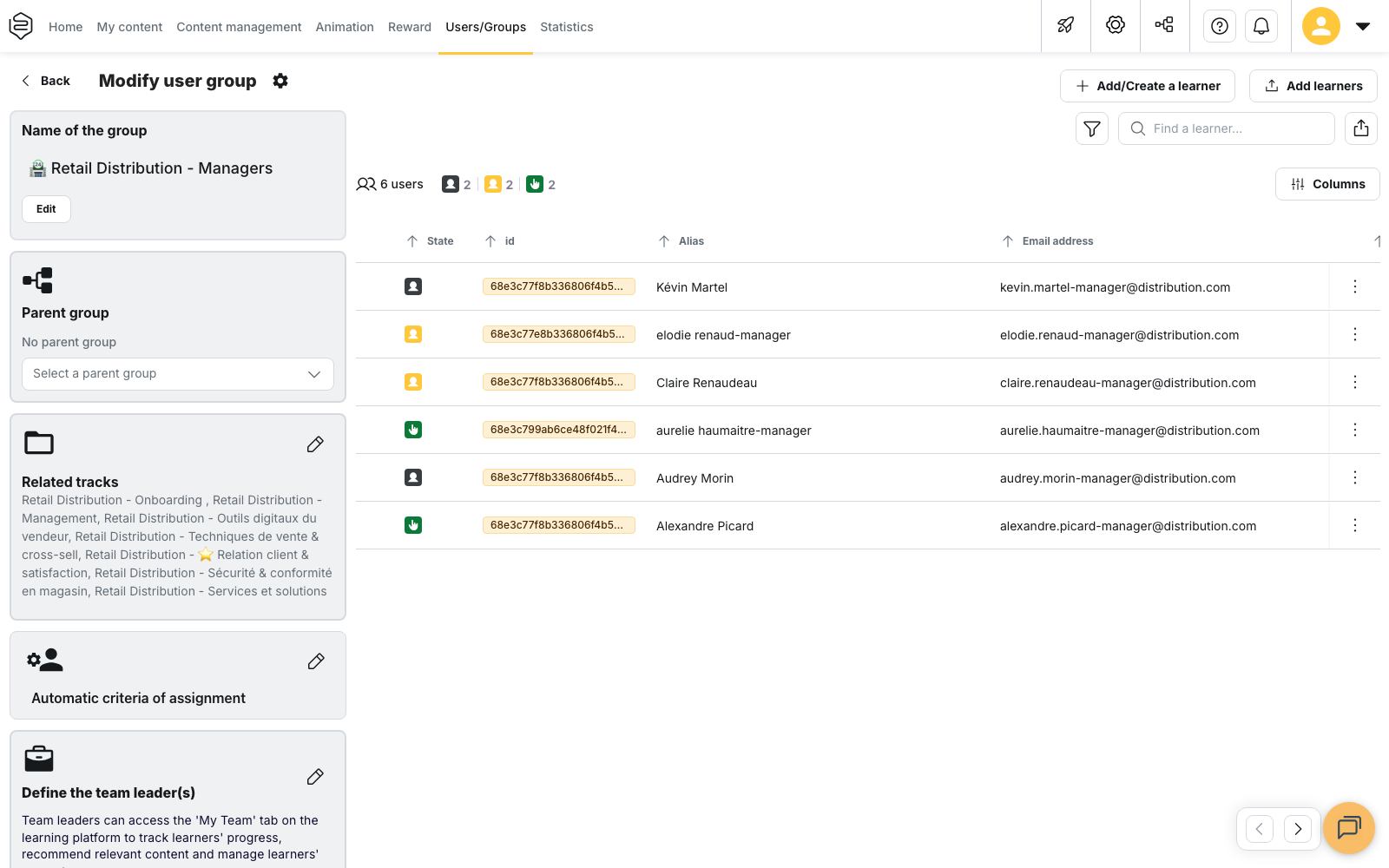 A group's edit page: parent group, associated tracks, automatic assignment criteria and team leaders