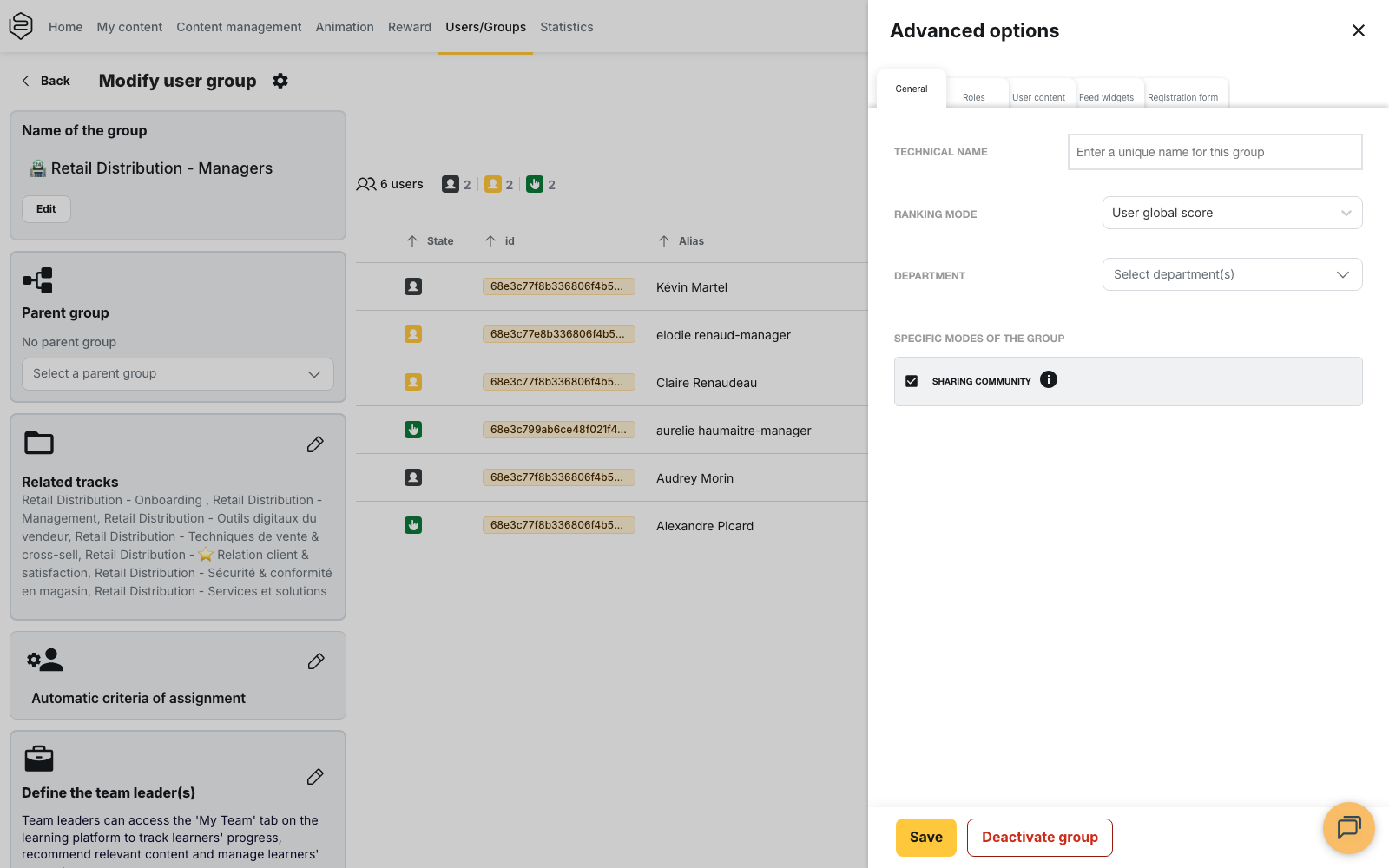 A group's "Advanced options" panel, "General" tab, with the "Save" and "Deactivate group" buttons