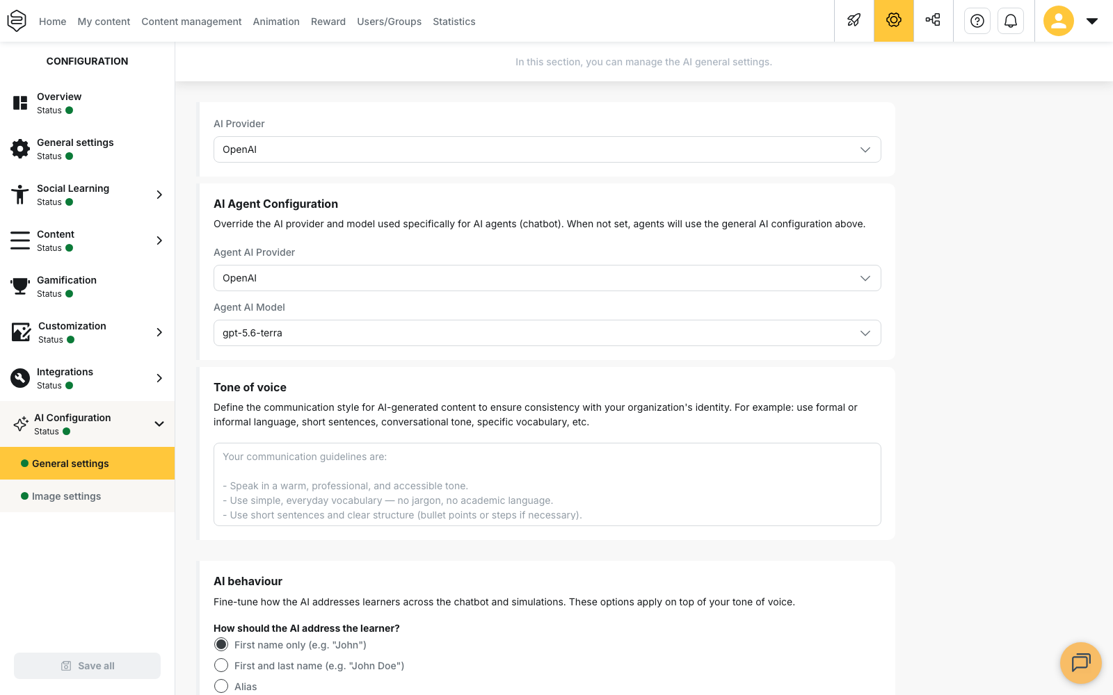 Configuration › AI Configuration › General settings: provider, tone of voice and behaviour