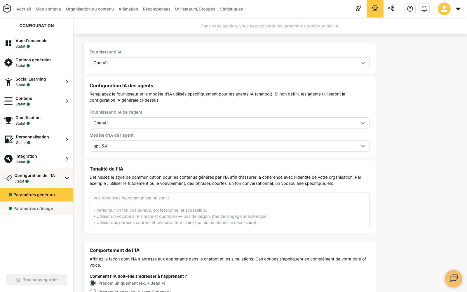 Configuration › Configuration de l’IA › Paramètres généraux : fournisseur, tonalité et comportement
