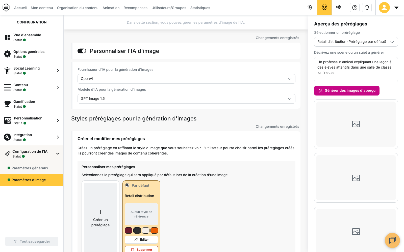 Configuration › Configuration de l’IA › Paramètres d’image : styles et préréglages de génération