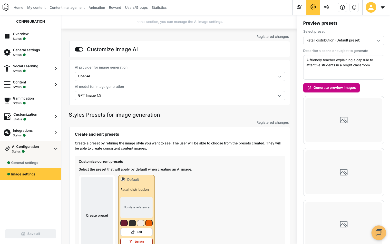 Configuration › AI Configuration › Image settings: generation styles and presets