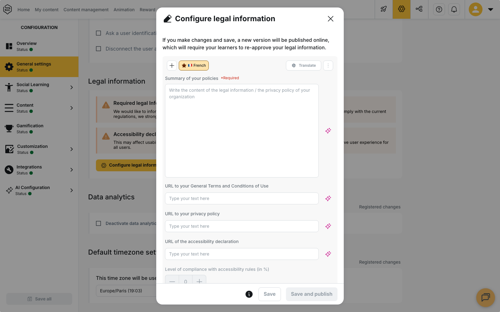 The Configure legal information dialog: summary of your policies, terms of use URL, privacy policy URL and accessibility declaration URL