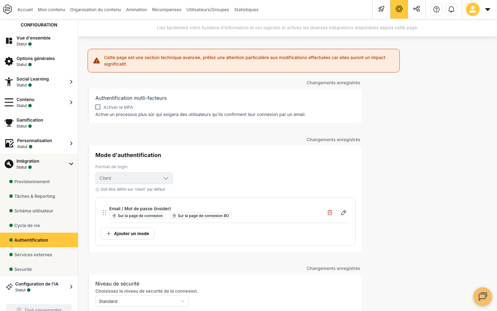 Section Mode d’authentification dans Configuration › Intégration › Authentification