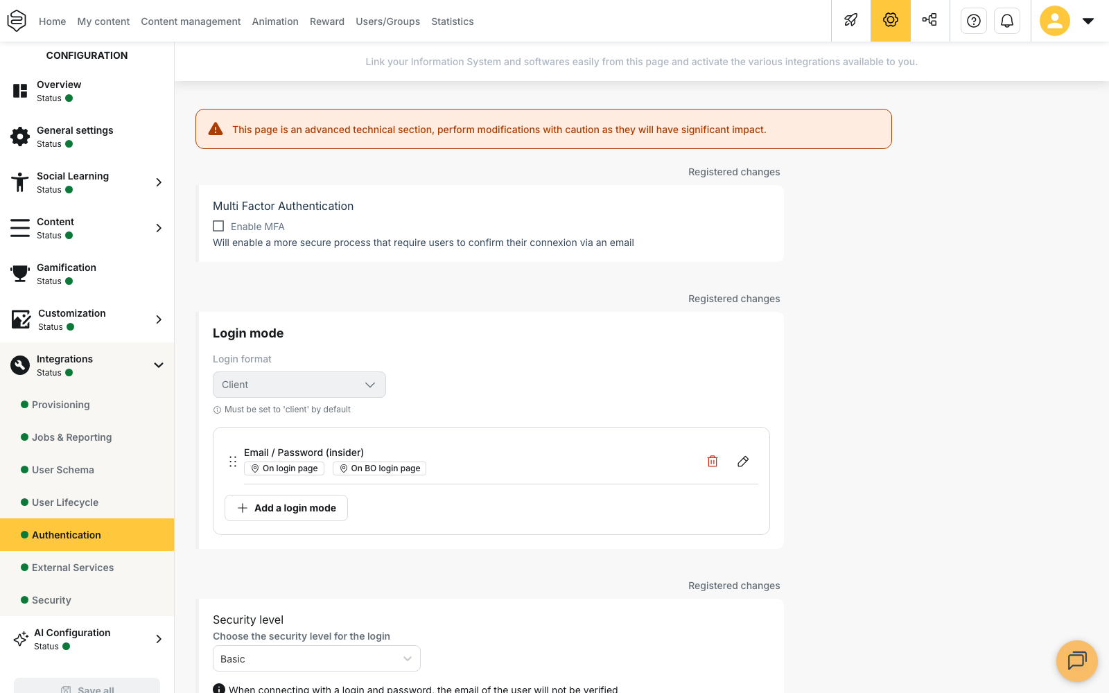 Configuration > Integrations > Authentication: the "Enable MFA" checkbox, the login modes and the "Security level" block