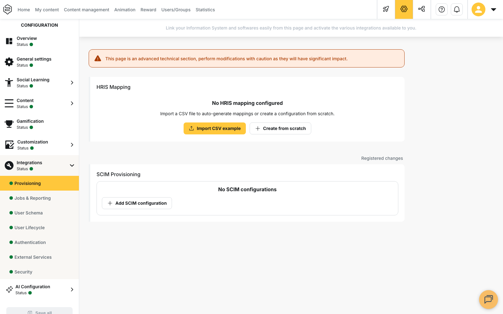 Configuration > Integrations > Provisioning: the HRIS Mapping and SCIM Provisioning blocks