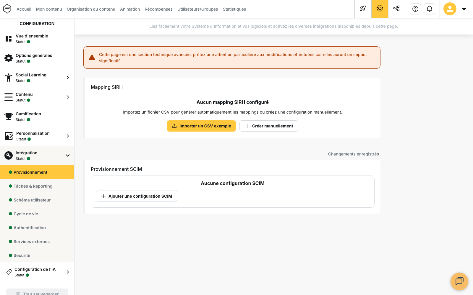 Configuration > Intégration > Provisionnement : les blocs Mapping SIRH et Provisionnement SCIM
