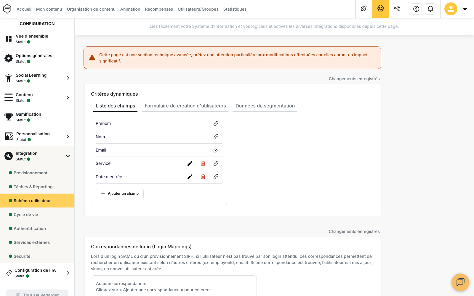 Configuration › Intégration › Schéma utilisateur, bloc « Critères dynamiques » et son onglet « Franchise »