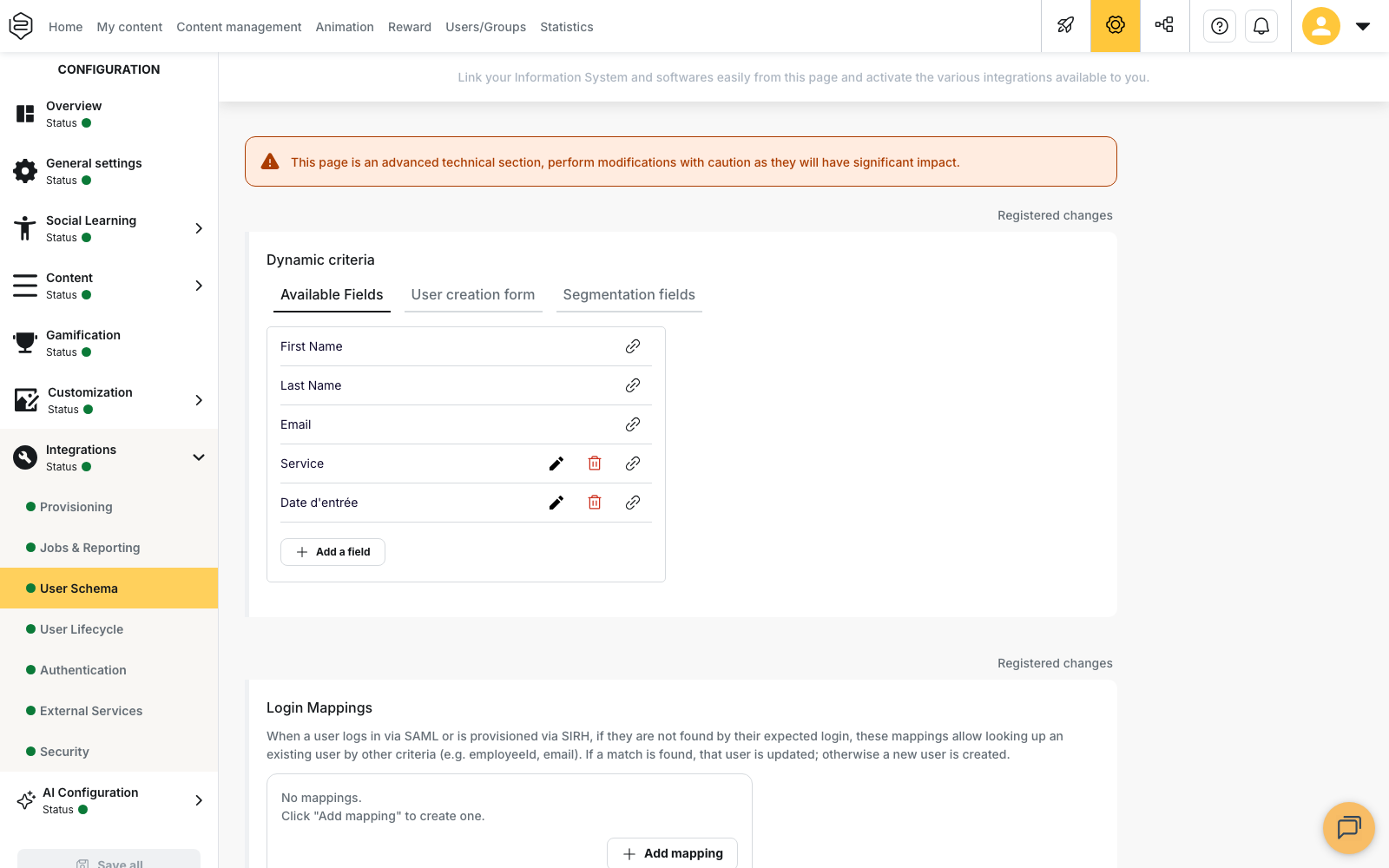 Configuration › Integrations › User Schema, the "Dynamic criteria" block and its tabs