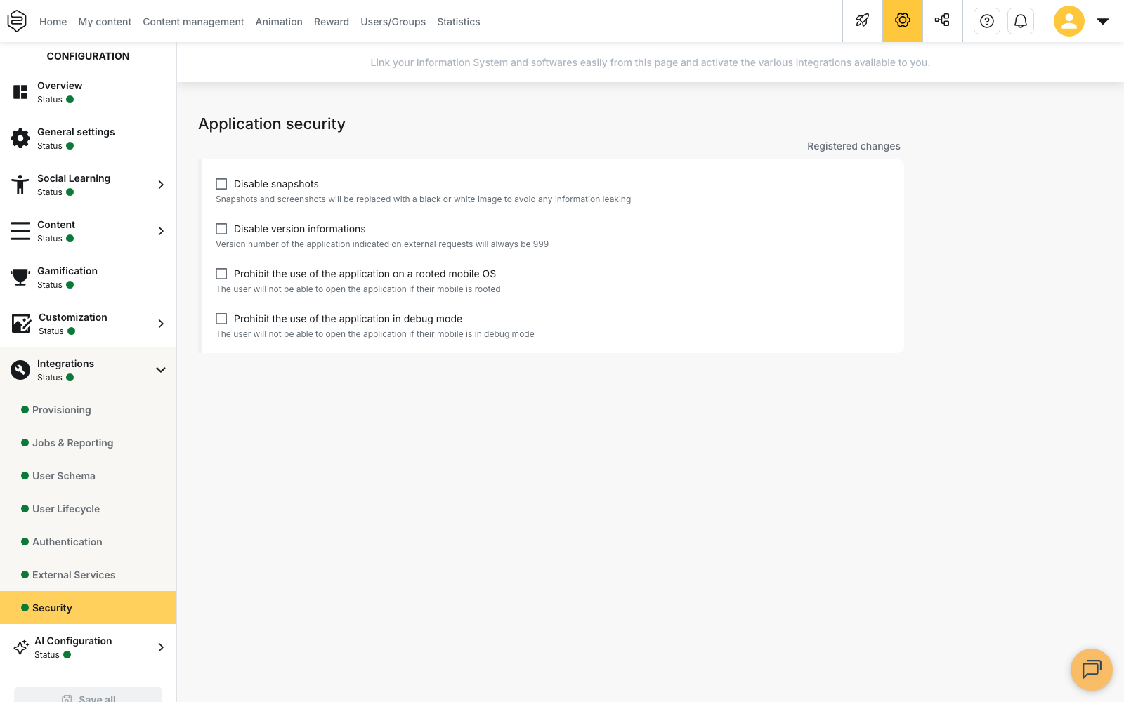 Configuration > Integrations > Security: the "Application security" block and its four checkboxes