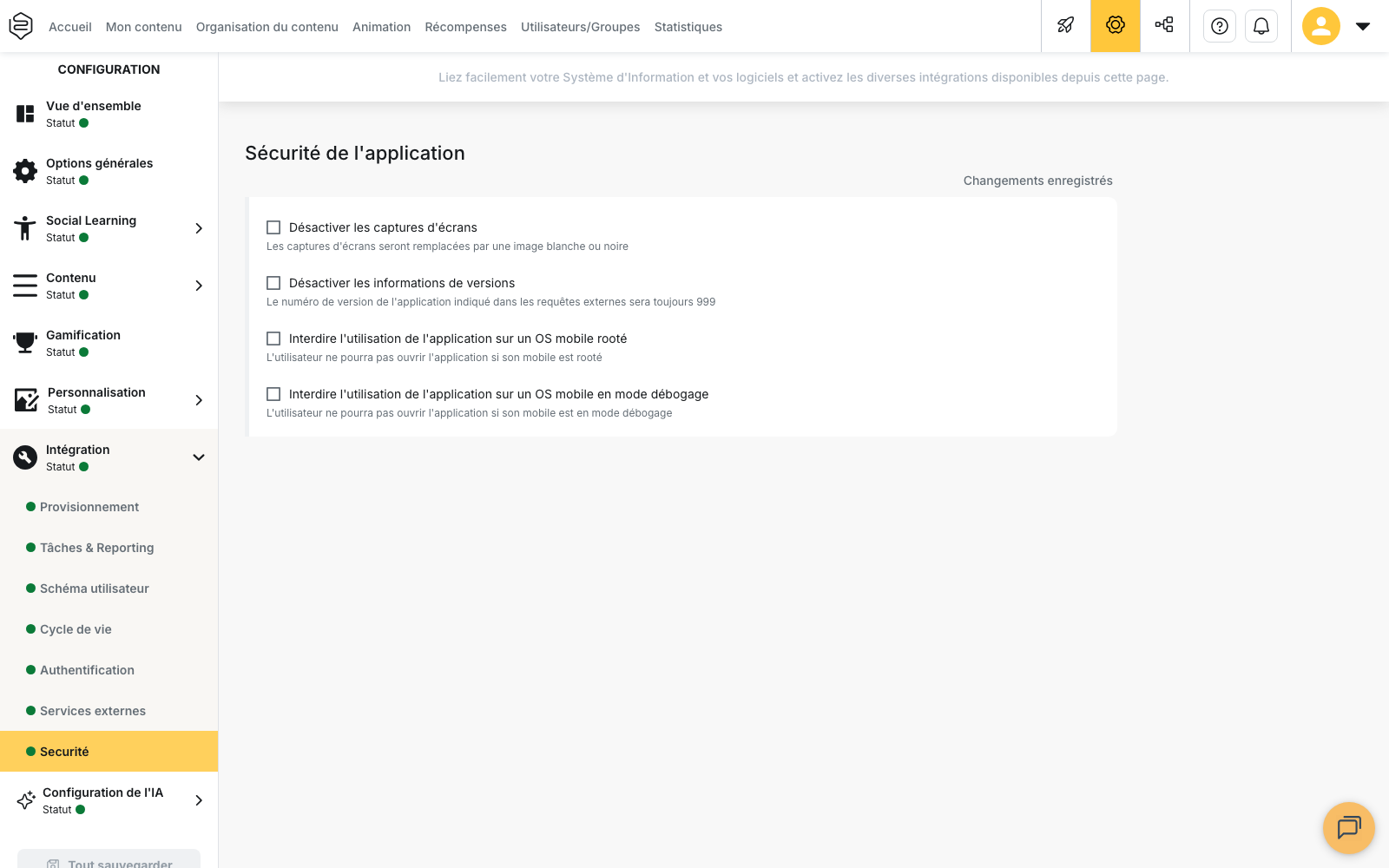 Configuration › Intégration › Securité : le bloc « Sécurité de l’application » et ses quatre cases