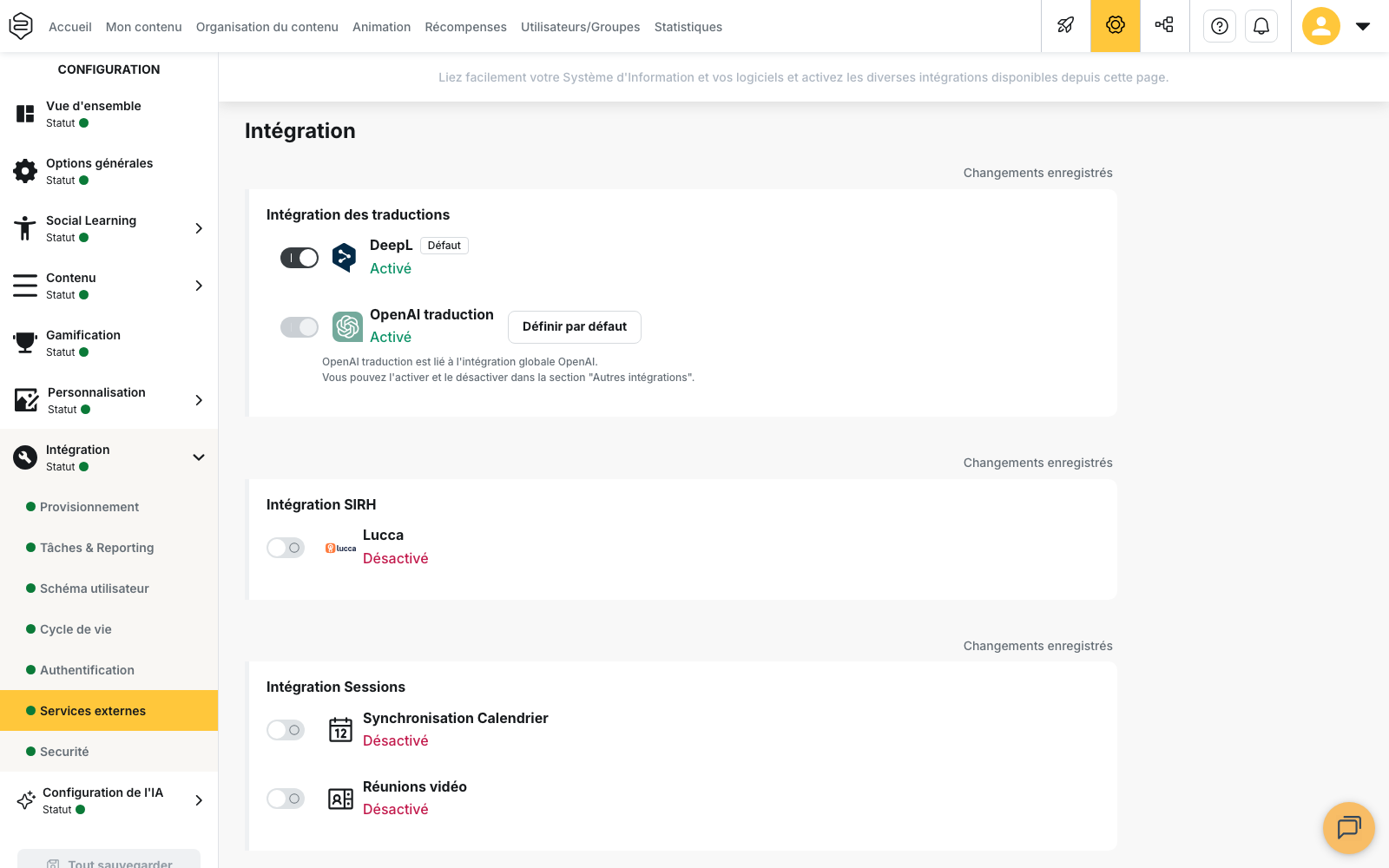 Configuration > Intégration > Services externes : le bloc Intégration Sessions contient la ligne Synchronisation Calendrier, ici désactivée