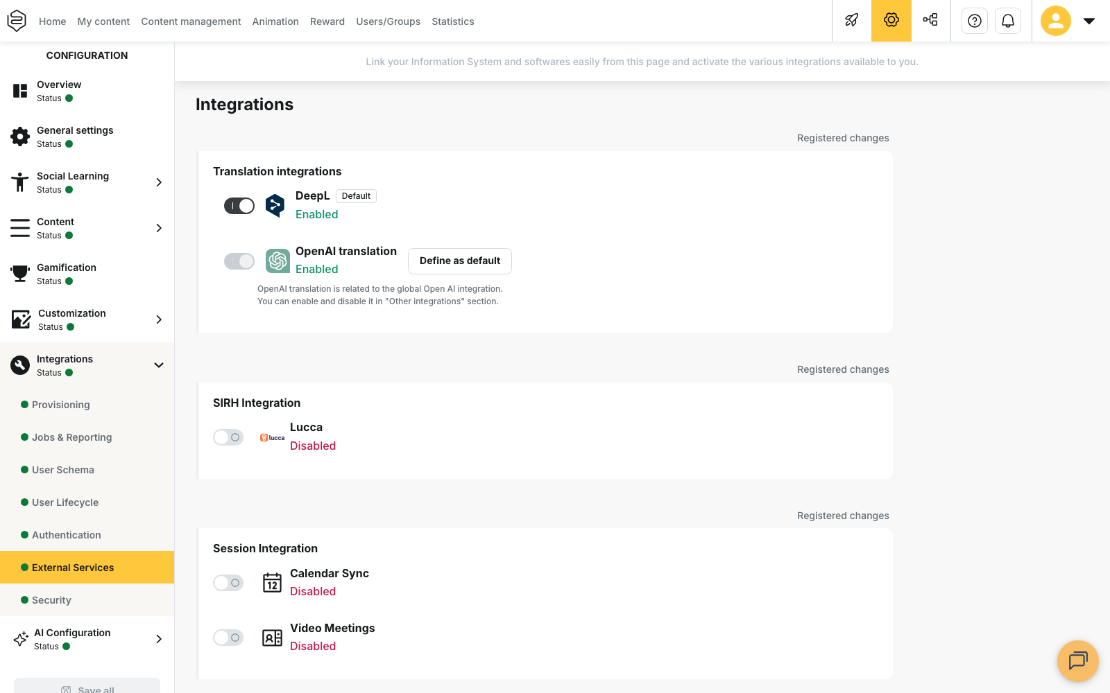 Configuration > Integrations > External Services, the page that lists the integrations available on the account