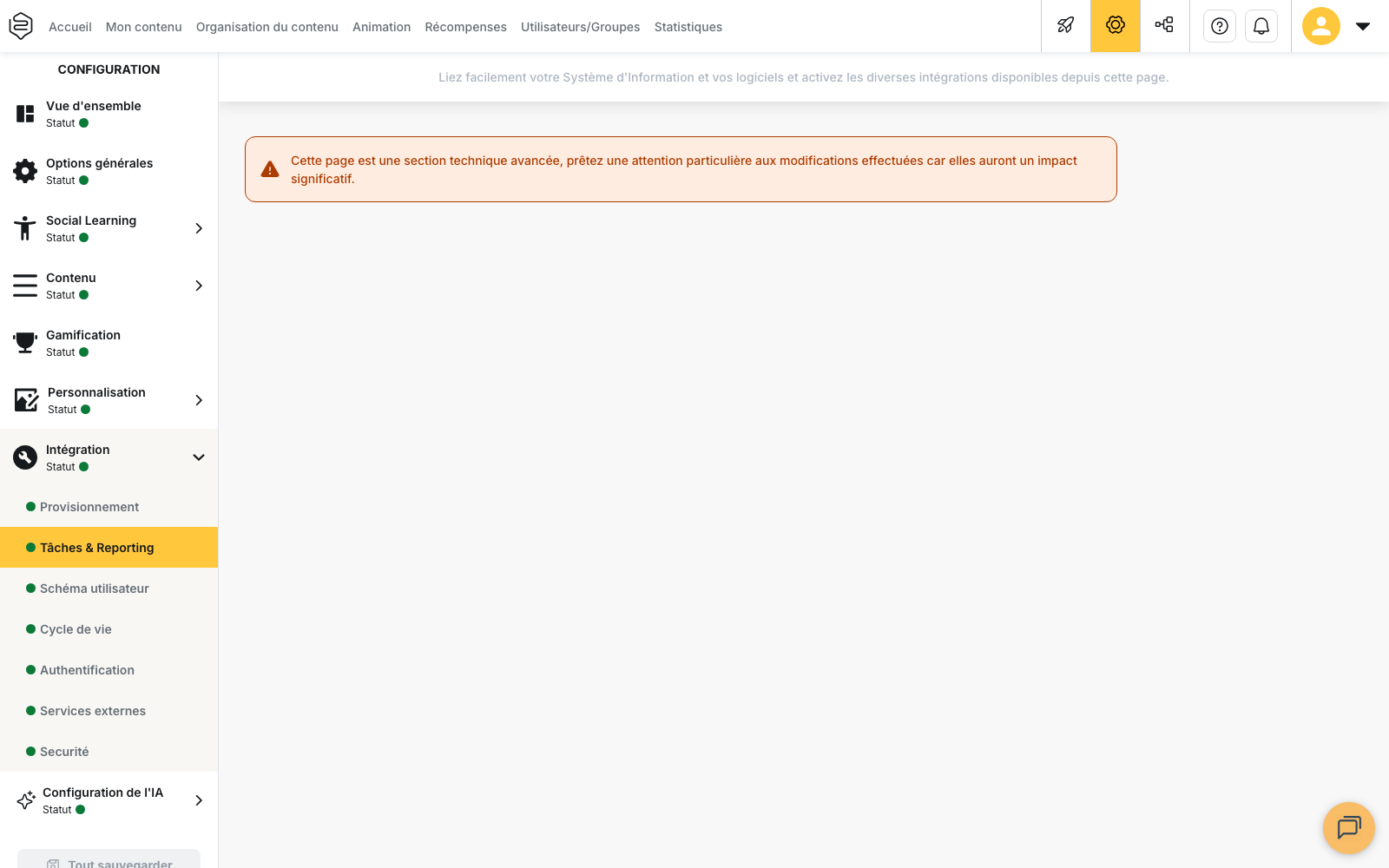 Configuration › Intégration › Tâches & Reporting, bloc « Tâches programmées » et l’historique sous chaque tâche