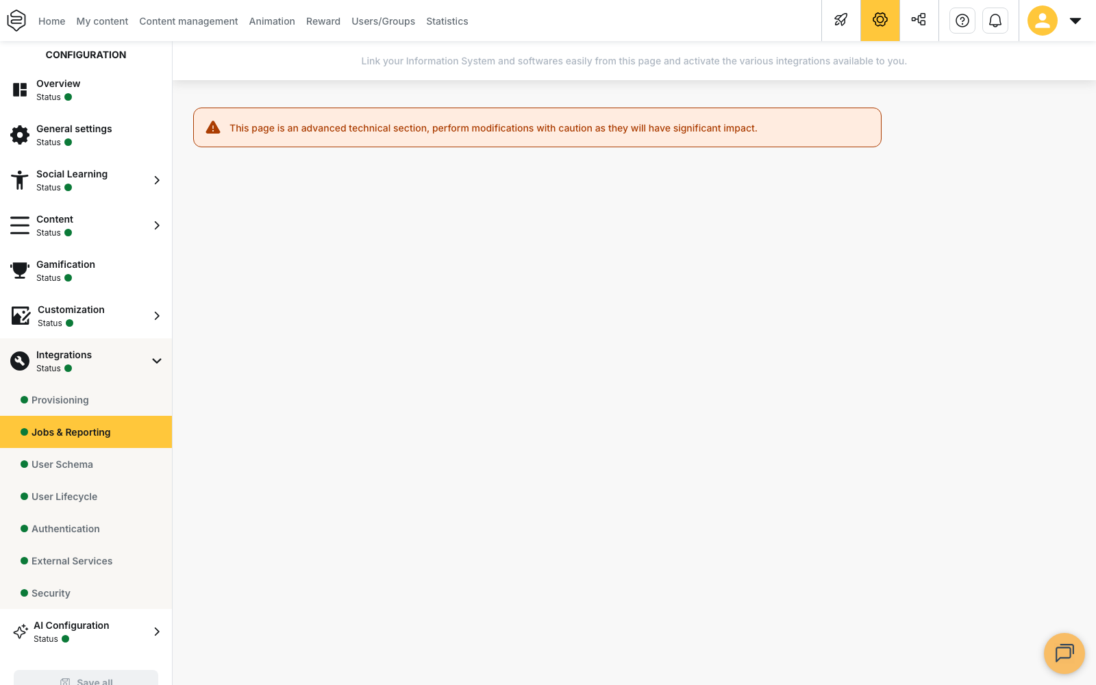 Configuration > Integrations > Jobs & Reporting, Scheduled jobs block