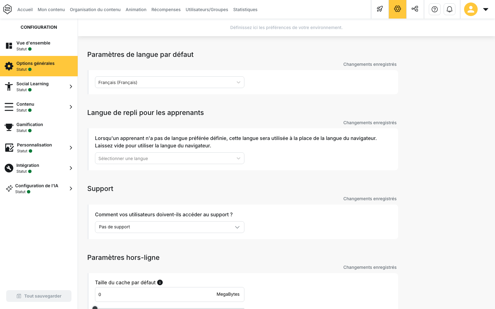 Configuration > Options générales : encart « Paramètres de langue par défaut »