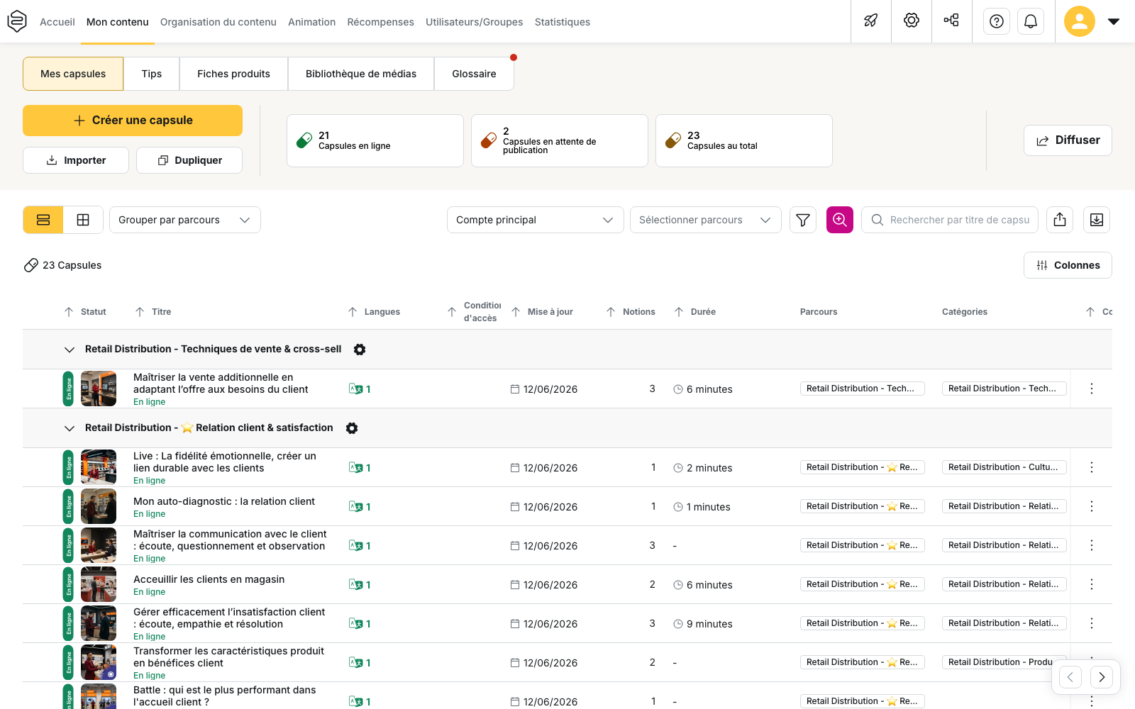 Mon contenu > Mes capsules : la colonne « Langues » affiche la langue par défaut de chaque contenu