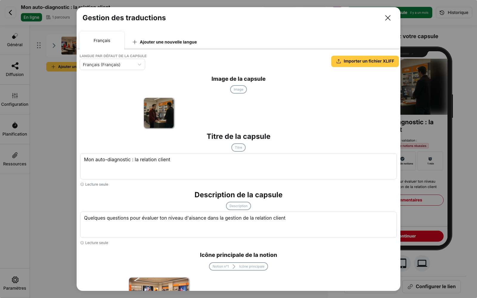 Fenêtre « Gestion des traductions » : le menu déroulant « Langue par défaut de la capsule » permet de changer la langue par défaut du contenu