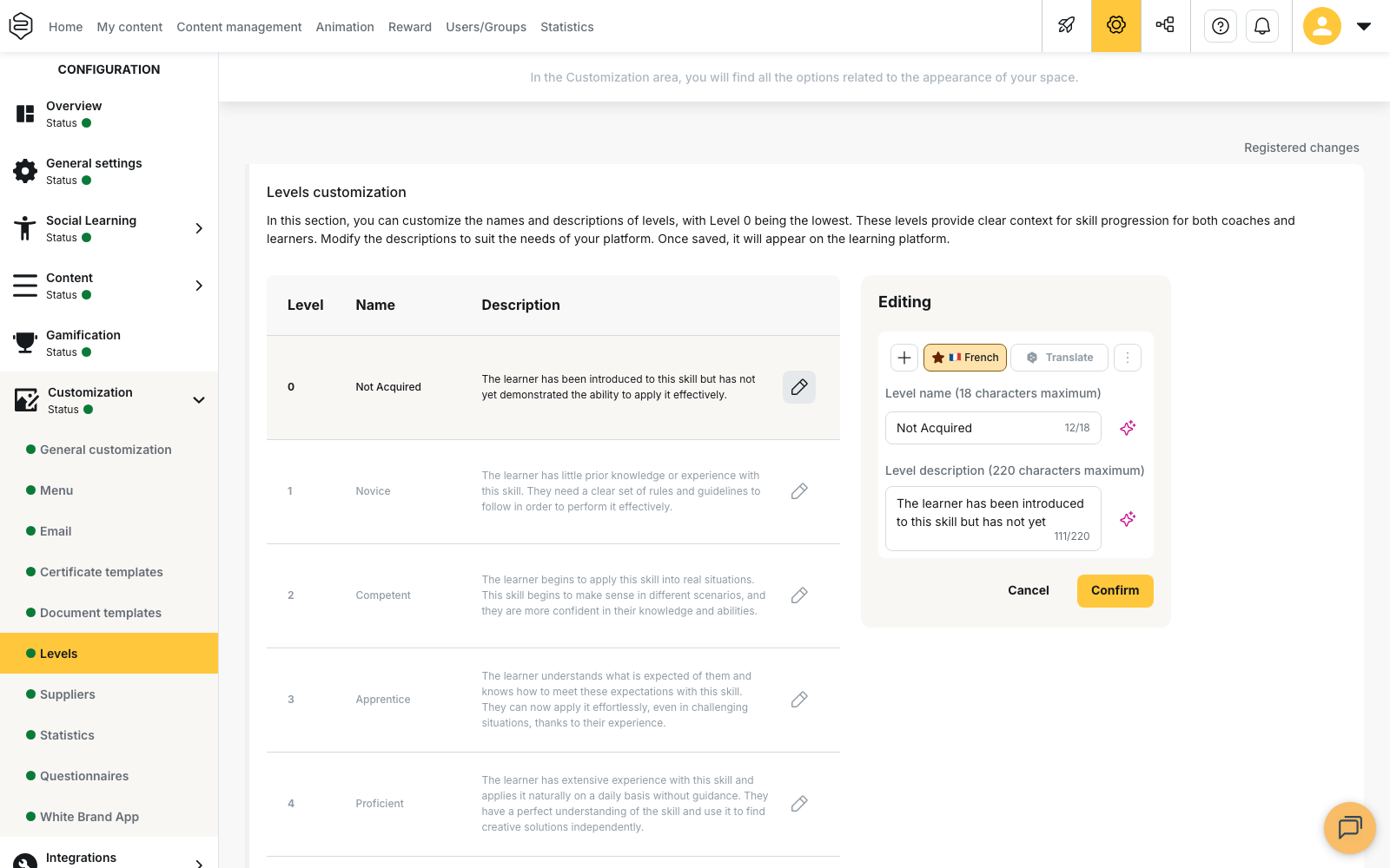 The Editing panel open on level 0, with the Level name and Level description fields and the Cancel and Confirm buttons