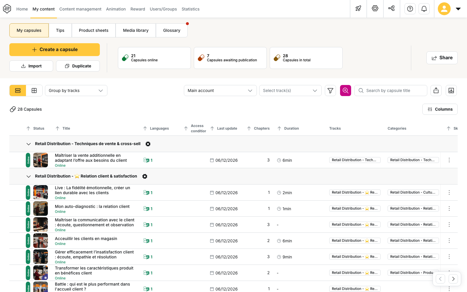 The "My content" > "My capsules" list: each capsule shows its status, for example "Online"